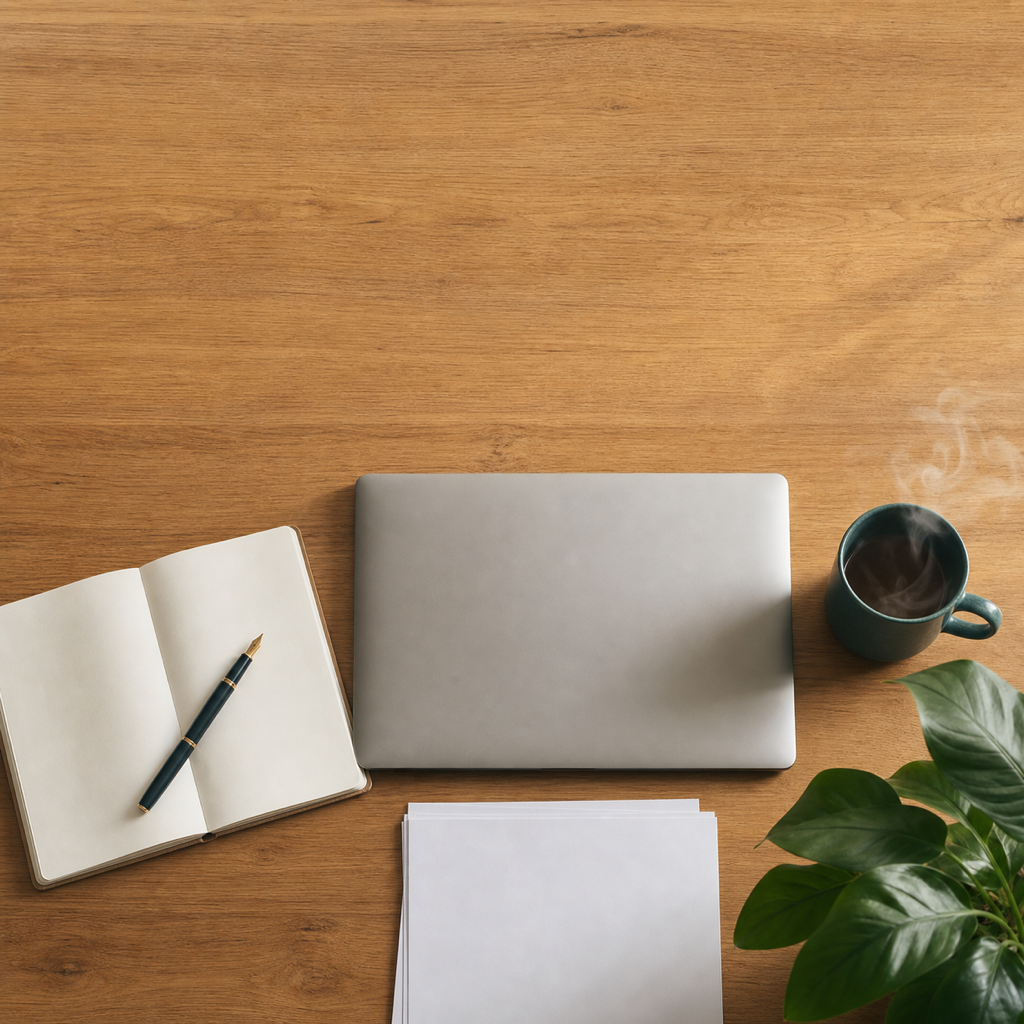 木の机の上のノートPC、開いたノート、コーヒー、観葉植物の写真。日々の仕事場で地域と向き合うイメージ