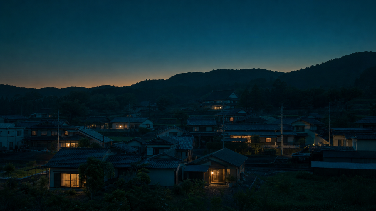 山あいの集落を見下ろす夕暮れの写真。家々の窓に温かな灯りがともる